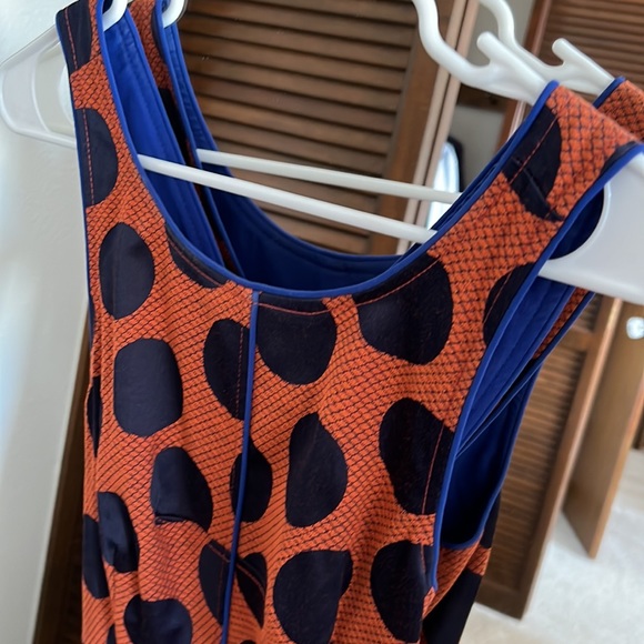 Anthropologie Maeve Rokin Dress Polka Dot Sleeveless Cross Back Blue Orange Sz 2 - Picture 2 of 5